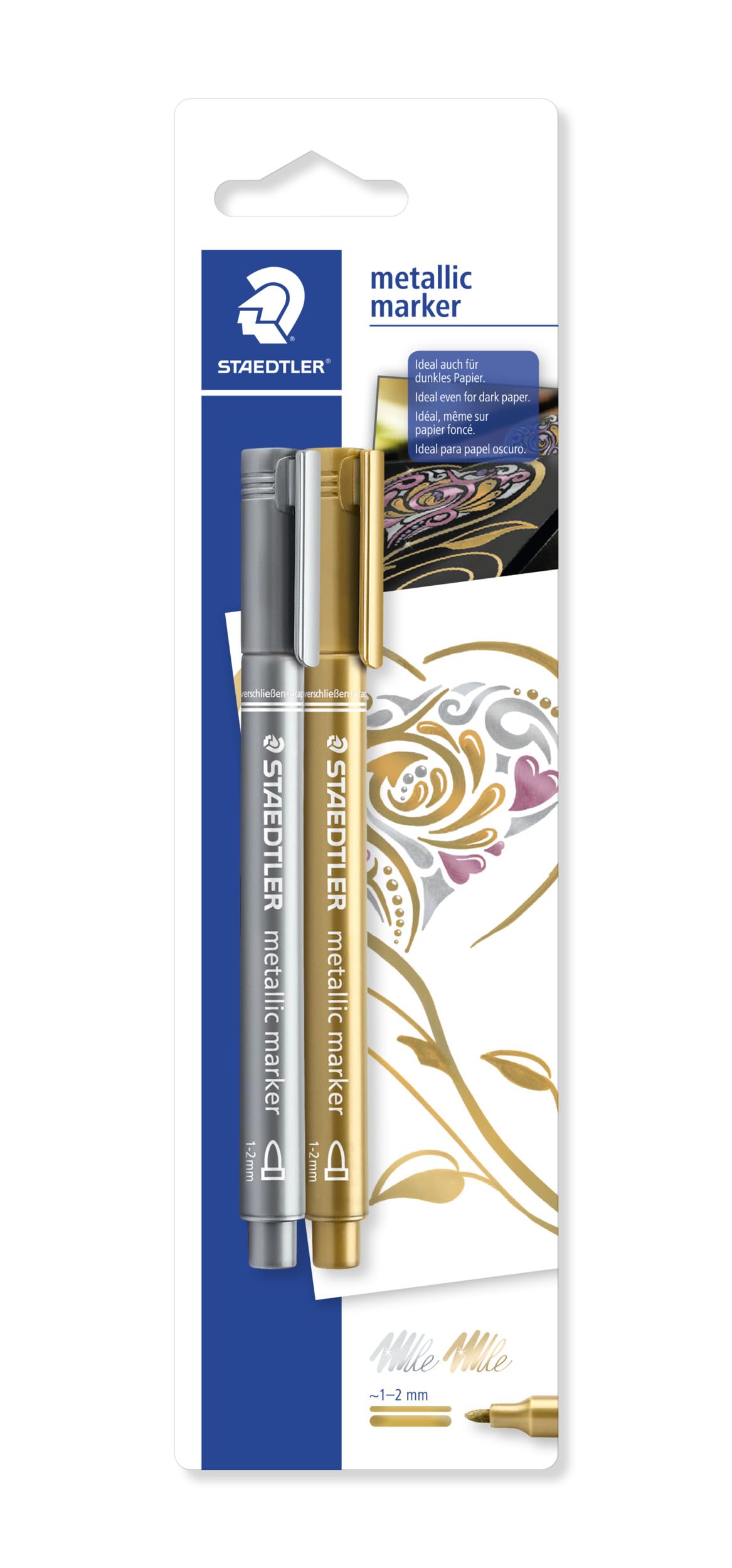 STAEDTLER 8323-S BK2 Metallic Marker Pens - Gold/Silver (Pack of 2)
