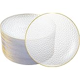 Ciselure 100PCS Clear and Gold Plastic Plates, 10 Inch Disposable Dinner Plates with Gold Rim, Heavy Duty Stone Texture Plastic Plates for Party and Weddings
