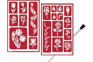 TRENDZEEN 2 Glass Etching Wedding Stencils - Reusable Etch Template - Rose, Tulip Stencil - Glass Etching Stencils Wedding, Romantic, Floral Design - Self Stick Stencils Set with Brush