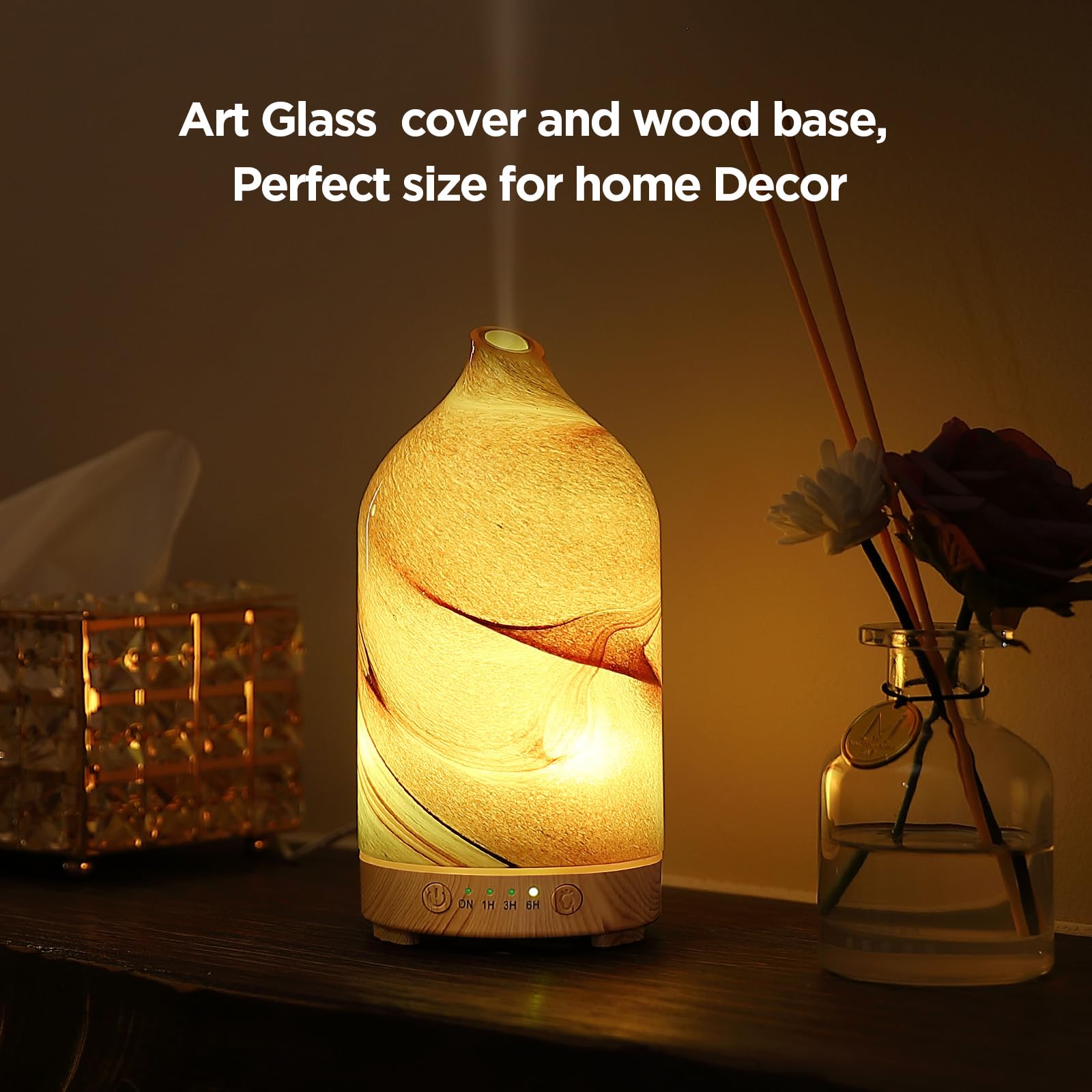 Essential Oil Diffuser Hand Blown Glass Aromatherapy Diffuser - Ultrasonic Cool Mist Scent Aroma Diffuser, Whisper Quiet with Auto Shut-Off, Timer Setting &7 Colors Night Light for Home