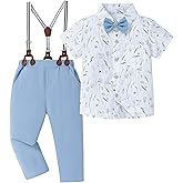 ZOEREA Boys Clothes Formal Suit Gentleman Wedding Outfit Short Sleeve Shirt with Bow Tie and Suspender Pants 2-10 Years