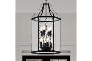 lighceac 14" Modern 8-Light Exterior Black Lantern Pendant Light Fixture with Clear Rippled Glass Mini Industrial Hanging Cage Chandelier for Outdoor Kitchen Dining Room Hallway Entryway Foyer Porch