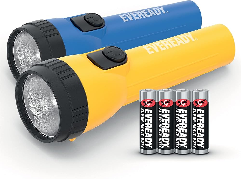 Eveready LED Torch Pack of 2 Blue Yellow 4 AA Batteries Included Camping