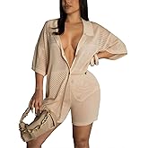 KANSOON Short Sets Women 2 Piece Outfits Knit Solid Color Half Sleeve Button Down Shirt and Shorts Set