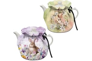 Freewander Flowers Rabbit Print, Tea Cosy Cover of Teapot Tea Cozy Breakfast Teapots Kitchen Tea Pots Insulated Cotton Warmer Tea Cozy Kettle Cover for Housewife Tea Lover Easter Day Gifts