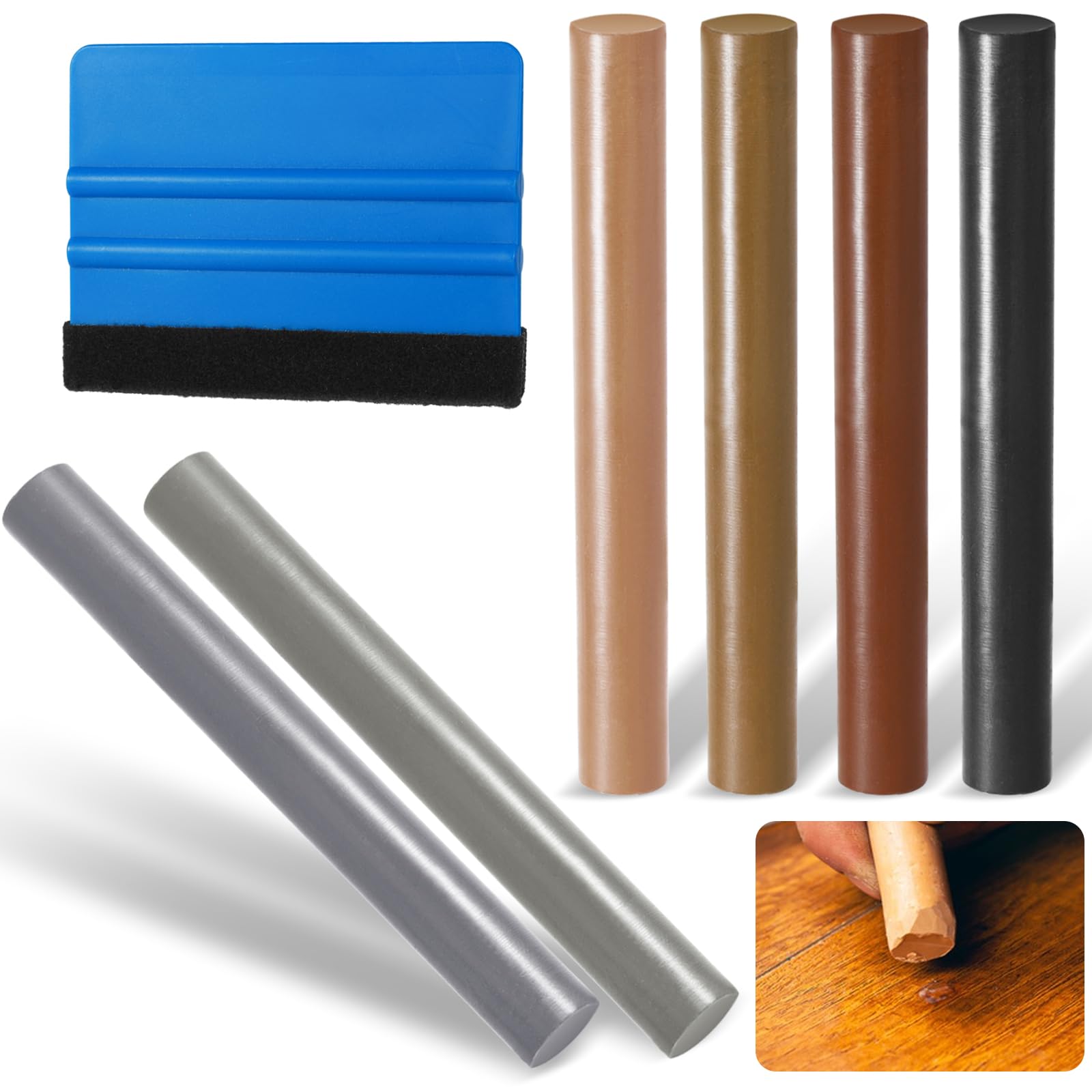 Annickee 7Pcs Laminate Floor Repair Kit, 6 Colors, Wax Filler Sticks with Scraper, Wood Floor Repair Kit, Laminate Worktop Repair Kit, Wood Scratch Repair, Furniture Wax Crayons Touch Up Pens