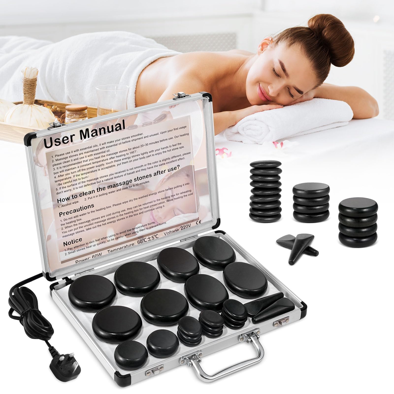 Hot Stones Massage Kit with Heater, 21Pcs Electric Basalt Warm Stones Massage Set, Professional Spa Therapy Tools for Deep Muscle Relaxation, for Therapists & Home Use