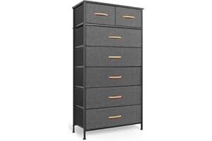 Mifuro Tall Dresser for Bedroom, Vertical Storage Organizer Tower with 7 Drawers, Chest of Drawers with Fabric Bins, Steel Frame, Wood Top for Bedroom, Closet, Entryway- Grey