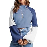 ZAFUL Womens Mock Neck Cropped Sweaters Color Block Lantern Sleeve Pullover Tops 2025 Fall Clothes Winter Outfits