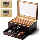 Woodronic Spanish Cedar Cigar Humidor, Glass Top Desktop Cigar Humidors with Digital Hygrometer Accessory Drawer Cigar Box for 50-80 Cigars, Cedar Wood Tray, Divider, 2 Boveda 72%, Cigar Gifts for Men