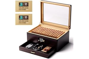 Woodronic Cigar Humidor Upgraded Capacity 80 Counts with Boveda 72% Humidity Packs, Spanish Cedar Wood Tray and Divider, Accessory Drawer & Digital Hygrometer, Desktop Cigar Case Gift for Men