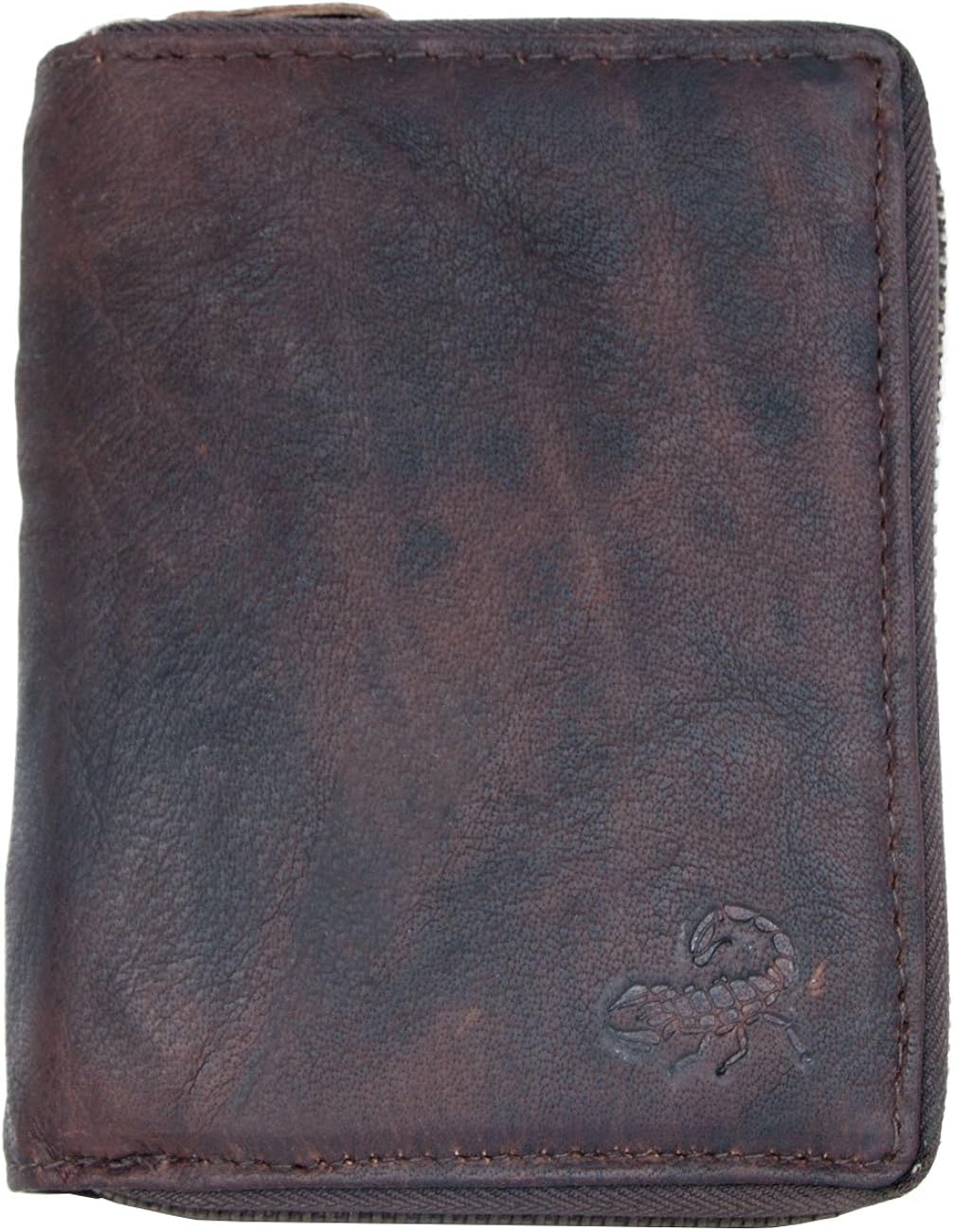 FLW Large Dark Brown Zip-Around Durable Oiled Genuine Leather Wallet with a Scorpion