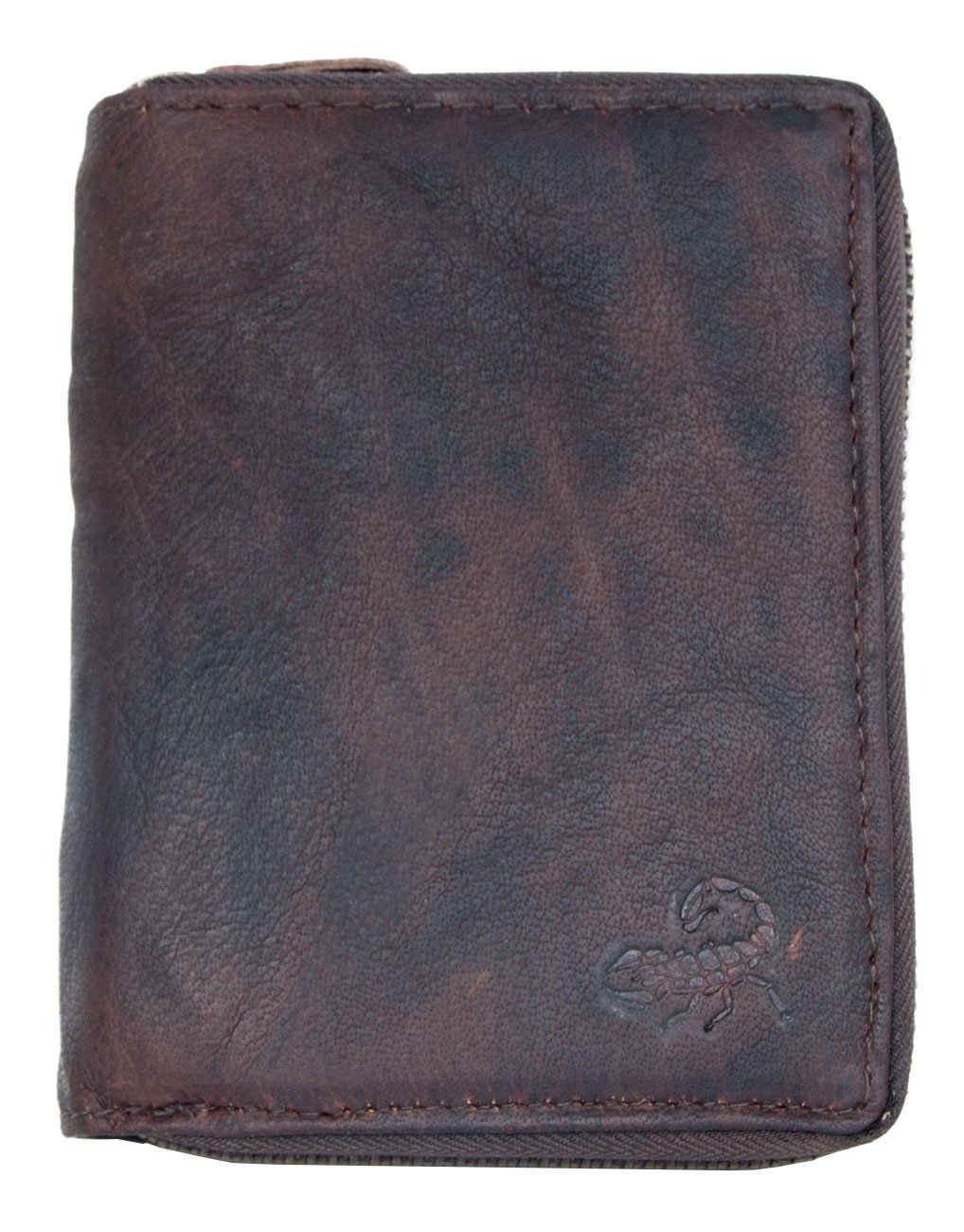 FLW Large Dark Brown Zip-Around Durable Oiled Genuine Leather Wallet with a Scorpion
