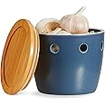 ONEMORE Large Garlic Keeper with Lid, Ceramic Garlic Saver 5 inch, Garlic Keeper for Counter, Blue