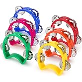 6 Pack Plastic Percussion Tambourines, Mini Hand Bell Percussion | Hand-held Percussions Musical Instrument with 4 Jingle Bells, for Adults Kids School Birthday Party, 6 color