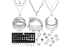 IFNODO 37pcs Silver Jewelry Set With 3 PCS Necklace, 14 PCS Bracelet, 7 PCS Ear Cuffs Earring, 6pcs Hoop Earrings,7pcs silver rings set For Women For Birthday Gifts