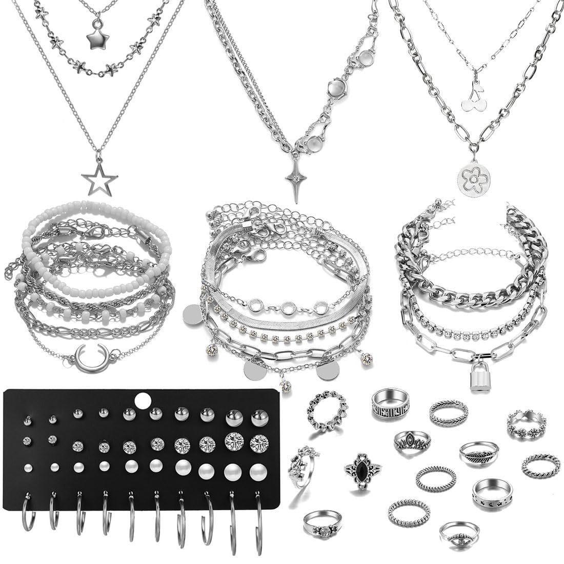 37pcs Silver Jewelry Set With 3 PCS Necklace, 14 PCS Bracelet, 7 PCS Ear Cuffs Earring, 6pcs Hoop Earrings,7pcs silver rings set For Women For Birthday Gifts