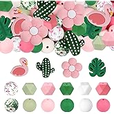 73Pcs Flamingo Silicone Beads Set Round Silicone Bead Bulk 15mm 14mm Pink Green Rubber Focal Beads Flower DIY Crafts Loose Spacer Bead for Pens Keychain Bracelet Necklace Lanyard Making