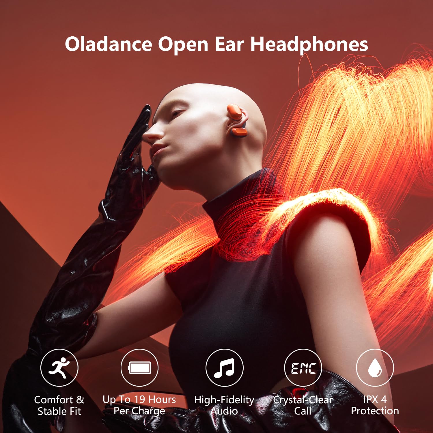 Oladance OWS1 Open Ear Headphones, Wireless Bluetooth 5.2 Headphones Air Conduction, Up to 16 Hours Battery Life with Carry Case, High Sound Quality with Dual 16.5mm Drivers Martian Orange