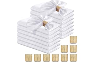 RUDONG M 100 Pcs White Satin Napkins and Napkin Rings Set, 17 x 17 Inch Square Cloth Napkins Set of 50, Silky Soft Table Napkins Bulk for Weddings, Banquet, Parties Dinner Decoration