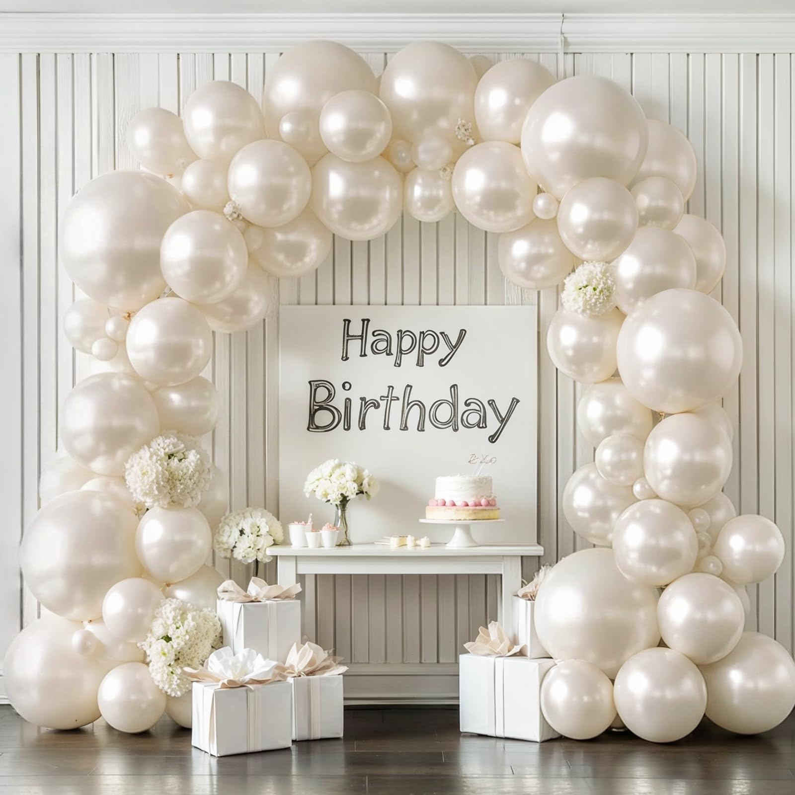 Photo 1 of Pearl Sand White Balloons Arch Kit,Double Stuffed White Ivory Beige Cream Balloon Different Sizes 18/12/10/5 Inch Off White Balloon for Wedding Engagement Birthday Bachelorette Decorations