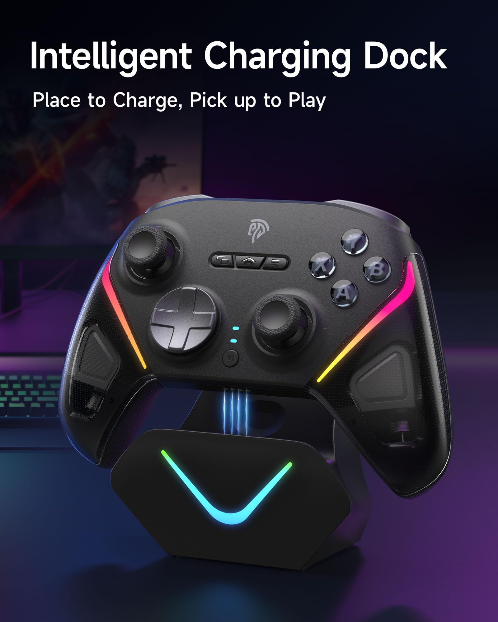 EasySMX D10 Controller PC mit Ladestation, Wireless Controller mit TMR Joystick & 2 in 1 Trigger, 1000Hz Polling Controller mit RGB für PC/Switch/Handy-Schwarz 8