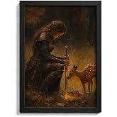 Framed Fantasy Female Knight Canvas Wall Art, Forest Deer Sword Painting, Framed Print Picture Poster Artwork, Medieval Aesthetic Wall Decor for Home Decoration, Dark Academia Wall Art