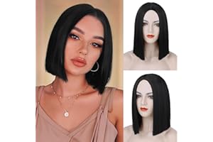 Tereshar Black Bob Wigs for Women Short Straight Bob Without Bangs Middle Part Shoulder Length Heat Synthetic Wigs for Daily Party Cosplay Halloween Use(12 inches)