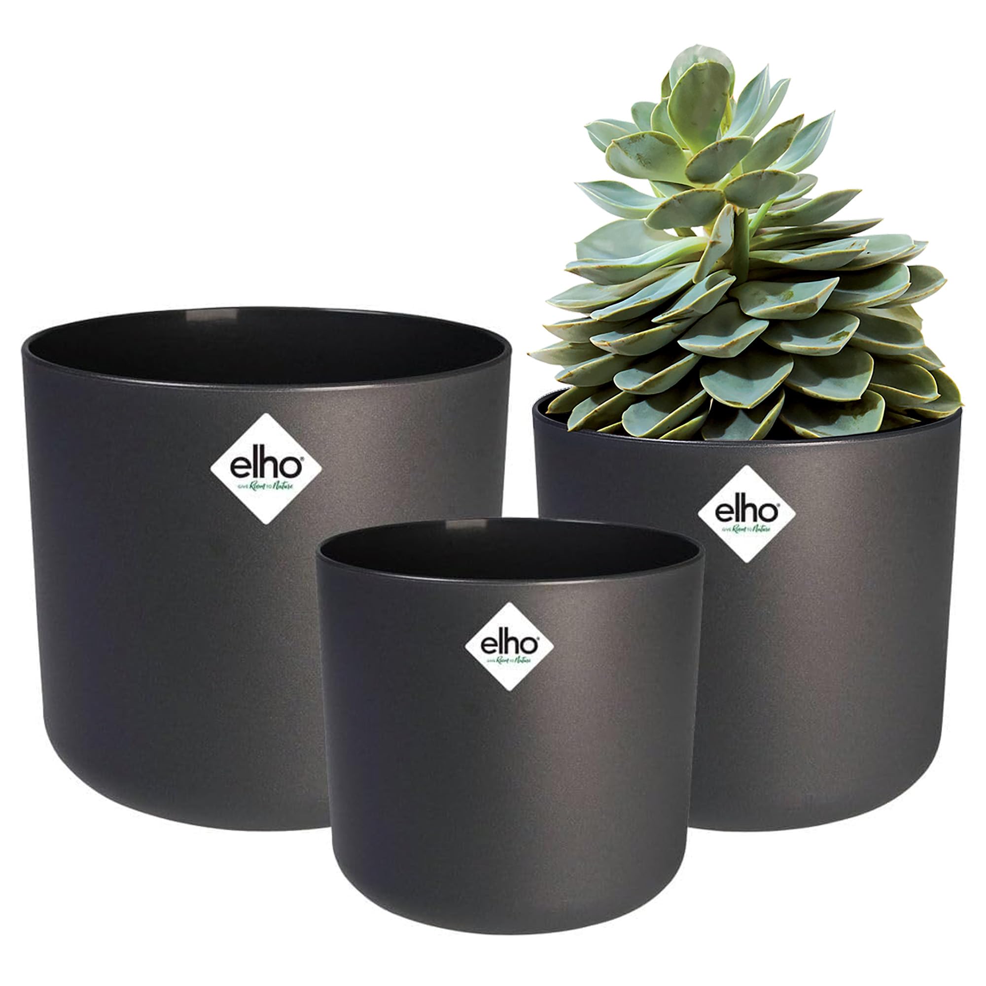 elho B.for Soft Round Plant Pots - Flower Pots Indoor - 100% Recycled Plastic - Set of 3 - Ø 14, 16, 18 cm - Black/Anthracite