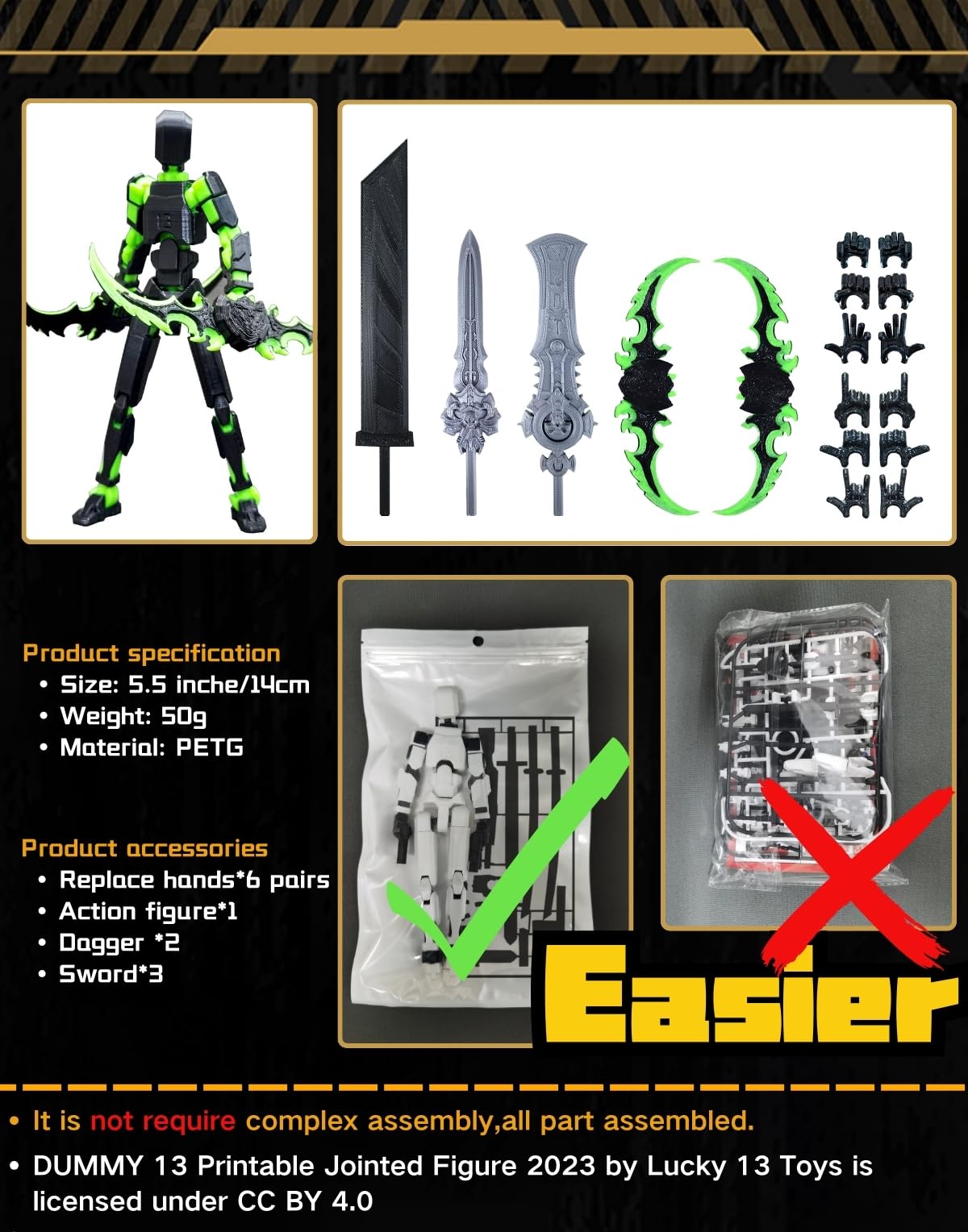 T13 (Assembly Completed) 3D Printed Action Figure,Dummy 13 Robot Action Figures, T13 Collectible Action Figure Articulated, for Collectors Desktop Decorations, muñeco de acción (Black Green)