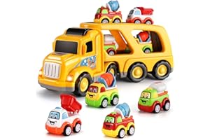 TEMI Construction Truck Toys for 3 4 5 6 Year Old Boys, 5-in-1 Friction Power Toy for Kids 3-5, Carrier Truck Cars for Toddlers 3+, Kids Toys Set for Age 3-9, Christmas for 3+