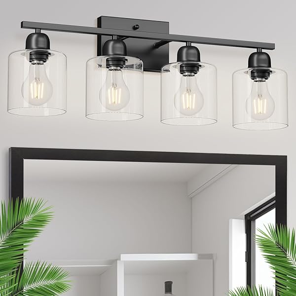 FAISHILAN MODERN 4 LIGHT BATHROOM LIGHT FIXTURES, 24 INCH BLACK VANITY LIGHTS FOR BATHROOM WITH CLEAR GLASS, BATHROOM VANITY LIGHT FOR MIRROR KITCHEN LIVING ROOM HALLWAY CABINET PORCH