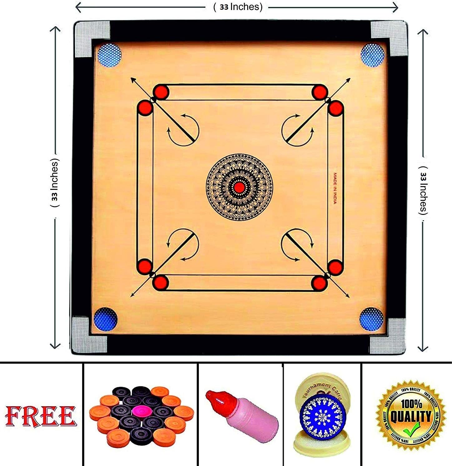 AMH Sports Full Size 33 Inches Carrom Board with Coins, Tournament Striker and Powder