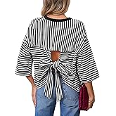 Dokotoo Womens Tops 2026 Striped Tie Back Short Sleeve T Shirts Crewneck Casual Loose Basic Tee Summer Outfits