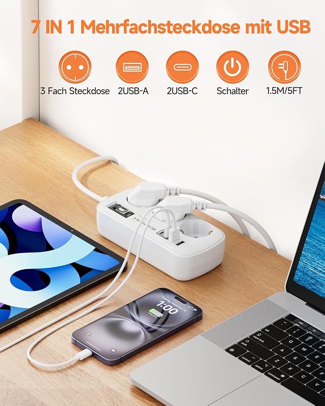 3 Fach Steckdose mit Überspannungsschutz Mehrfachsteckdose 4 USB(2 USB-C) — Foto 2 von 7