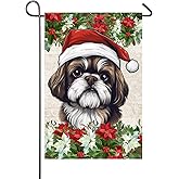 Christmas Shih-tzu Dog Garden Flag for Outside 12x18 Inch Double Sided Poinsettia Santa Hat Dog Yard Flags Xmas Winter Holiday Outdoor Decorations Front Porch Home Decor