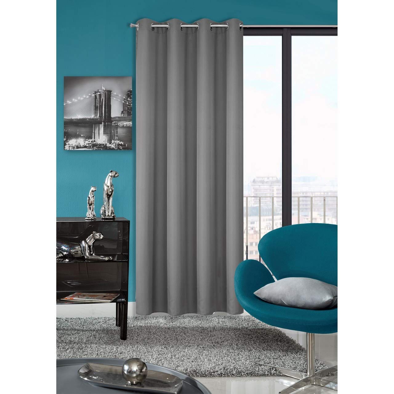 Eurofirany Curtain Steel Grey with Eyelets Plain Matt Smooth Plain Weave 150 g/m2 140 x 250 cm Pack of 1 Modern Minimal Living Room Bedroom