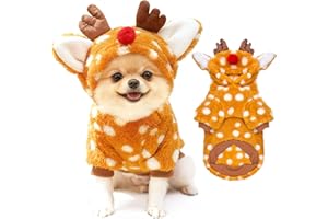 AXIIJGL Christmas Dog Sweater with Hood Elk Costume Hoodie Soft Fleece Winter Warm Puppy Clothes for Small Dogs XS-XXL, Christmas Outfit for Cats & Dogs(Brown,Moose,Medium)