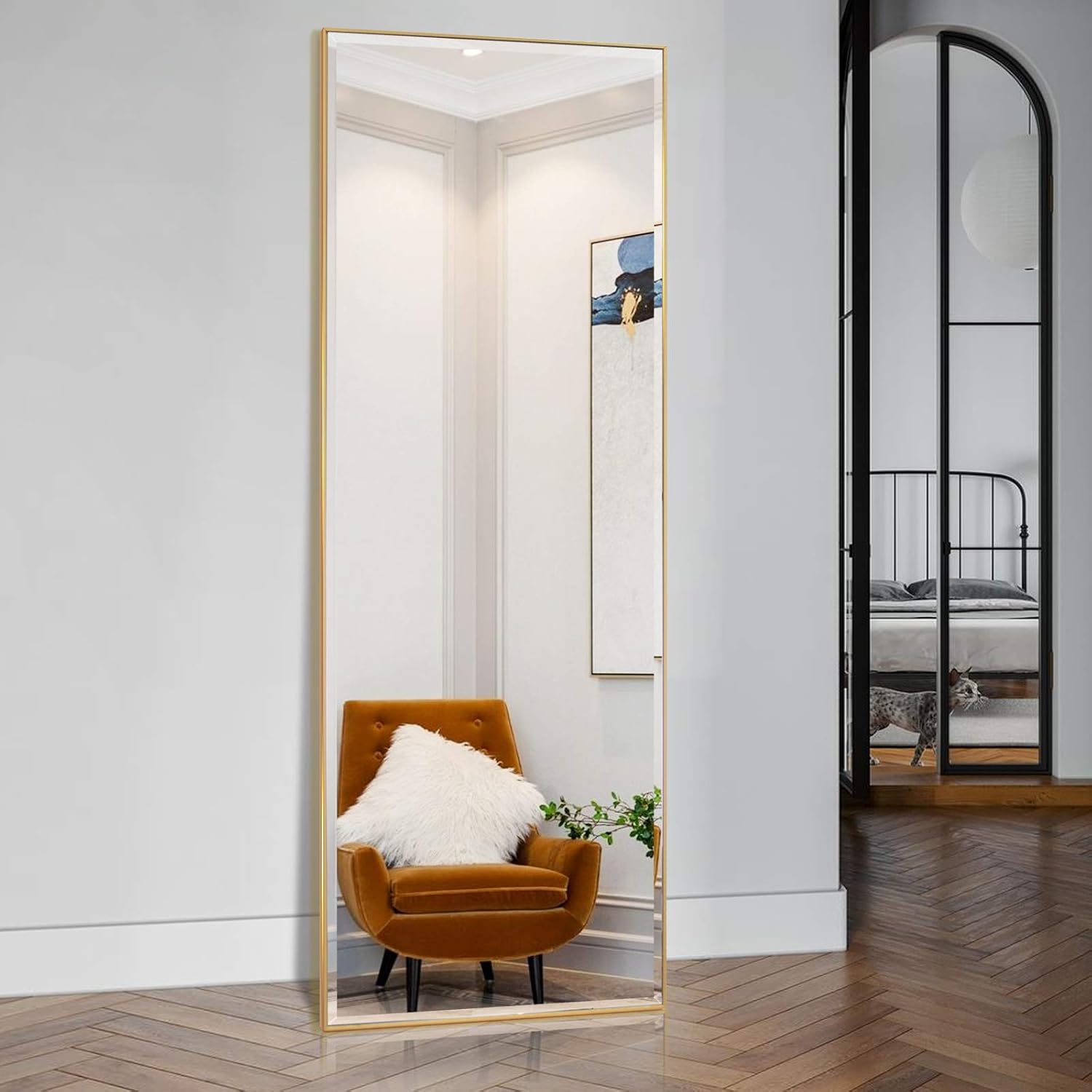 BEAUTYPEAK Full Length Mirror 21" x 64" Body Dressing Standing Hanging or Leaning Against Rectangle Floor Wall Mirrors Aluminum Alloy Wall-Mounted for Bedroom Bathroom Dorm Wall Decor, Gold: Kitchen & Dining