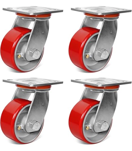 Heavy Duty 8" Caster Set (4-Pack) - Red Polyurethane Wheels, 1,250 Lb Capacity EACH