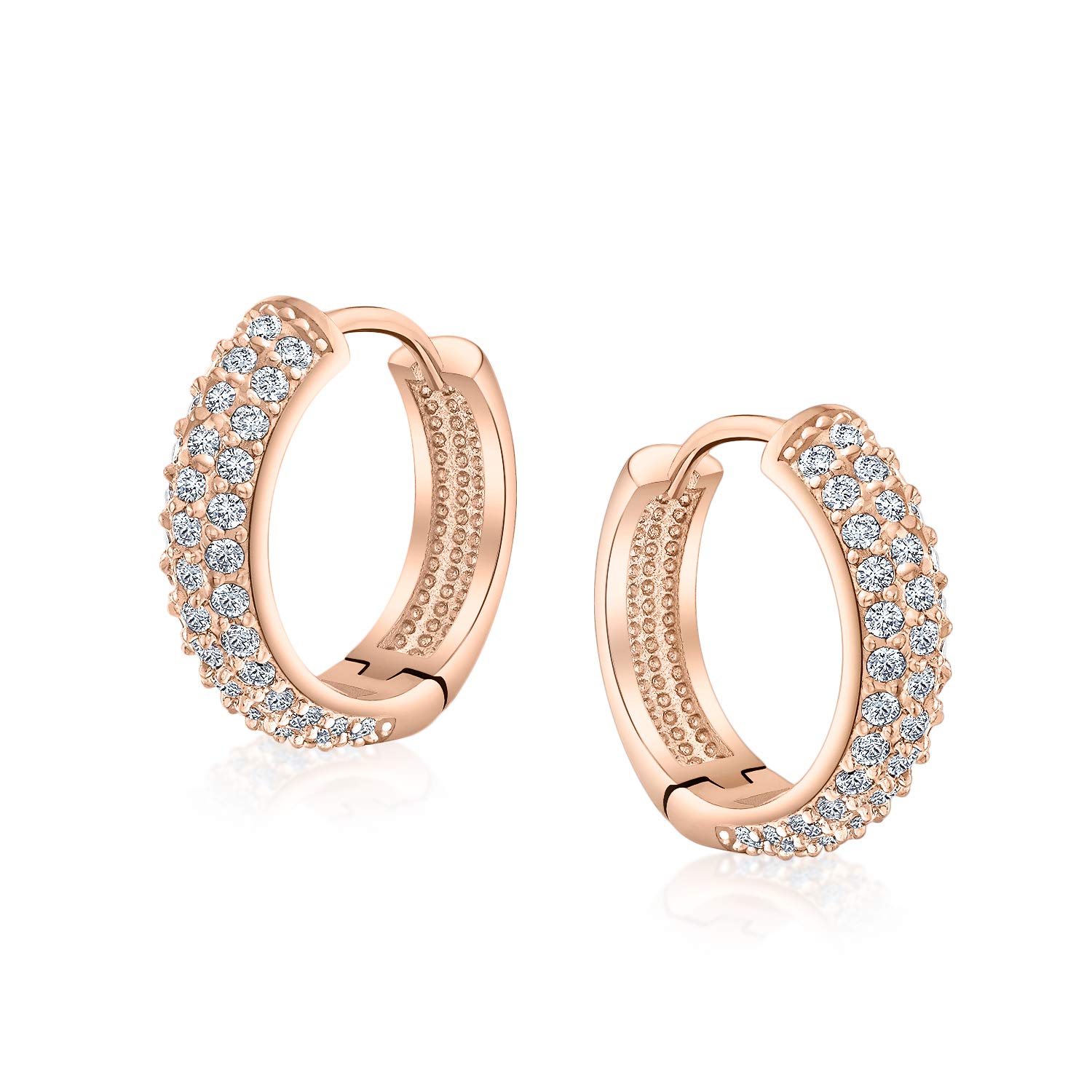 Bridal Fashion Wedding 3 Three Row Cubic Zirconia Pave CZ Endless Huggie Hoop Earrings For Women Hinged Pink Rose Gold Plated .65 Inch Diameter