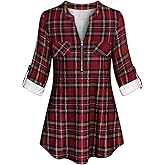 Tanst Sky Womens Casual Long Sleeve Zipped V Neck Plaid Tunic Blouses