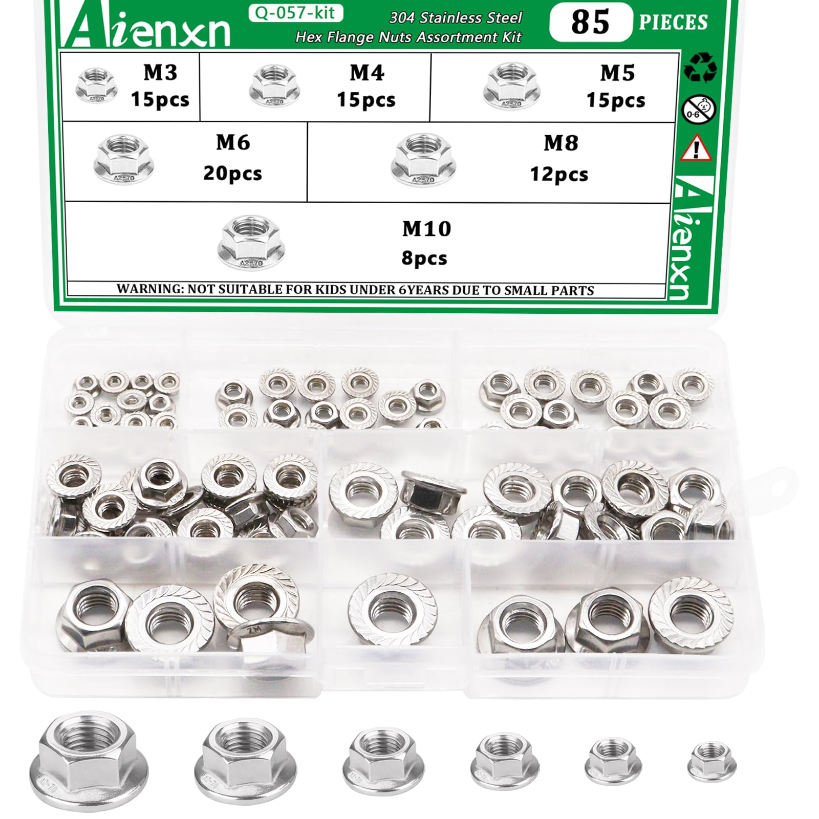 Photo 1 of Aienxn 85PCS 6 Metric Sizes 304 Stainless Steel Hex Flange Nuts Assortment Kit-M3 M4 M5 M6 M8 M10