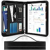 Padfolio Portfolio Organizer Binder with Zipper and Hidden Handle, PU Leather Portfolio Folder for Documents, Business Card Holder, Notepad Padfolio for Men&Women (Black)