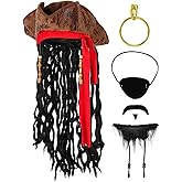 Cosrea Pirate Hat for Men Pirate Costume with Eye Patch Earring Mustache Accessories