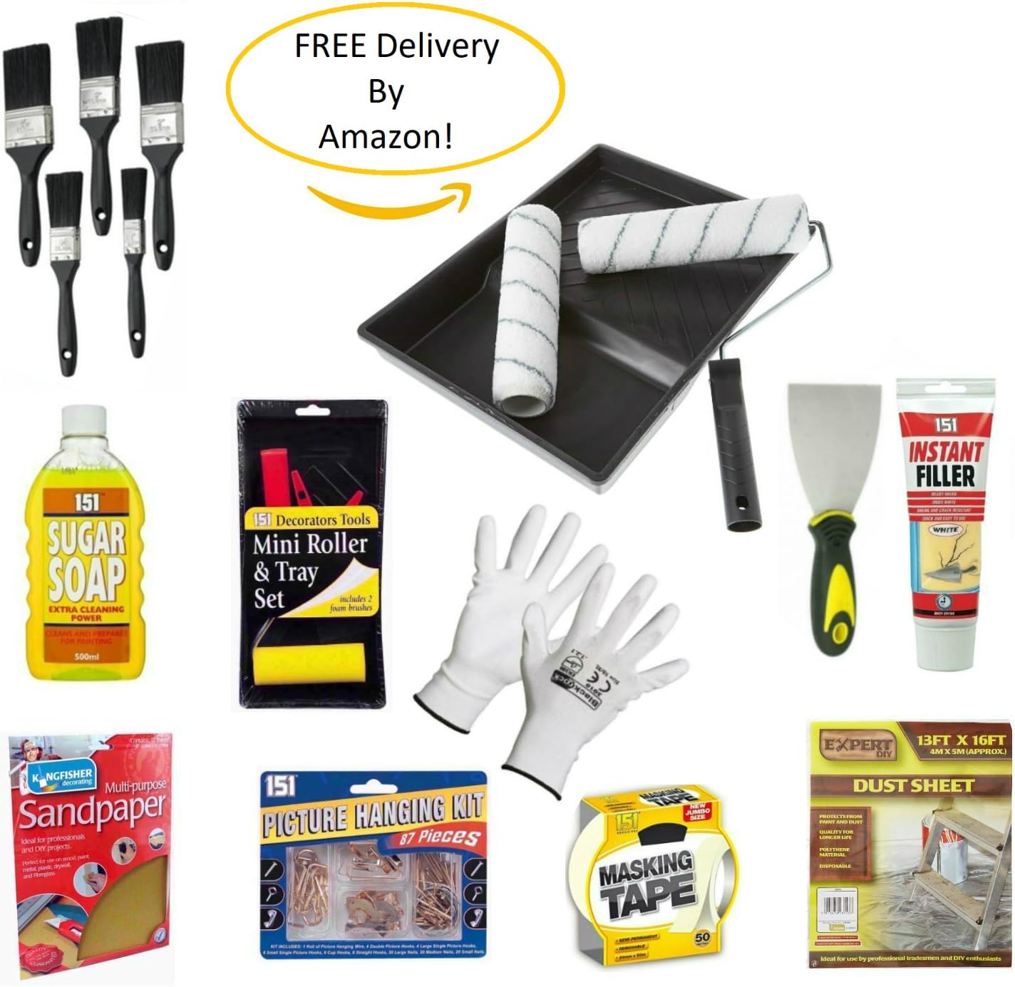Complete Painting And Decorating Kit - 9" Harris Roller Set, Mini Roller Set, 5 Piece Paint Brush Set, Plastic Dust Sheet, Masking Tape, Sandpaper, Scraper/Filler, Painting Gloves, Sugar Soap, Filler And Picture Hanging Set. Perfect Tools & Supplies For Home DIY Wall And Ceiling Painting