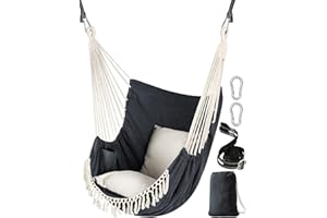 Chihee Hammock Chair Hanging Swing 2 Pillows Included,Strong Webbing Straps and Hooks for Easy Hanging Soft Cotton Hanging Chair Side Pocket Tassel Chair Comfort Indoor Outdoor Dark Grey