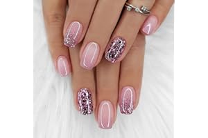 Curvlife Press On Nails Pink Diamond Acrylic Short Fake Nails Design Stick On Nails Tips, Glue On Nails False Nails For Women Nail Kit