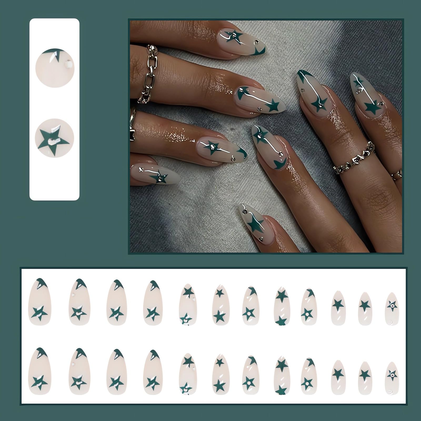 IMSOHOT Medium Press on Nails Almond Shape Nude Fake Nails Green Star Acrylic False Nails Rhinestone Full Cover Stiletto Artificial Nails for Women Girls 24pcs - Image 4
