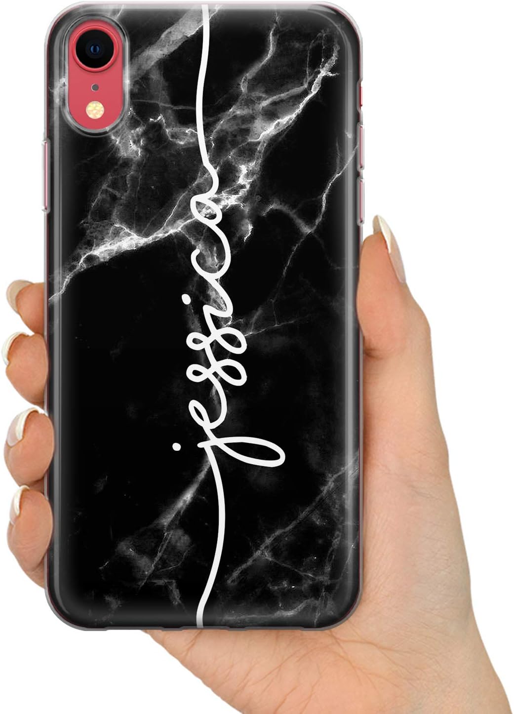 TULLUN Personalised Individual Black Marble White Initials Name Text Custom Flexible Soft Gel Phone Case For iPhone Models - Black Marble Name V2 - for iPhone 11